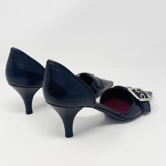 PRADA | Black Leather Heels with Silver Buckle D’Orsay Pumps Women’s Size 39 - Picture 7 of 12